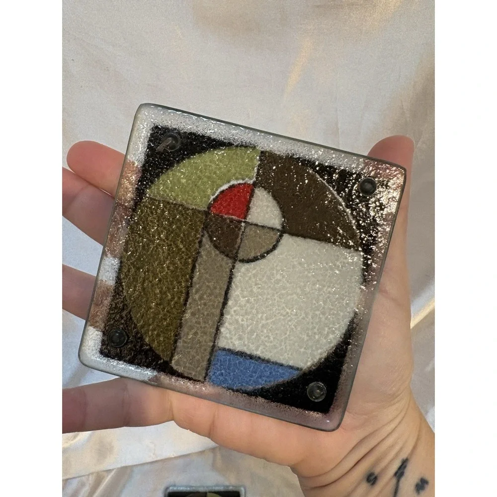 Frank Lloyd Wright Inspired Design Art Glass Signed Coasters Set 4